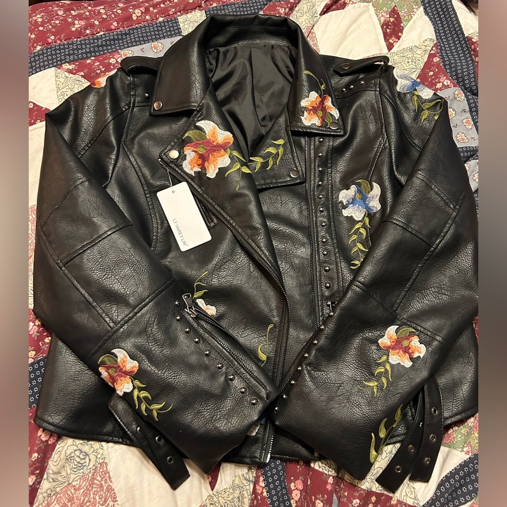 NWT LY VAREY LIN leather jacket with embroidered flowers XXL